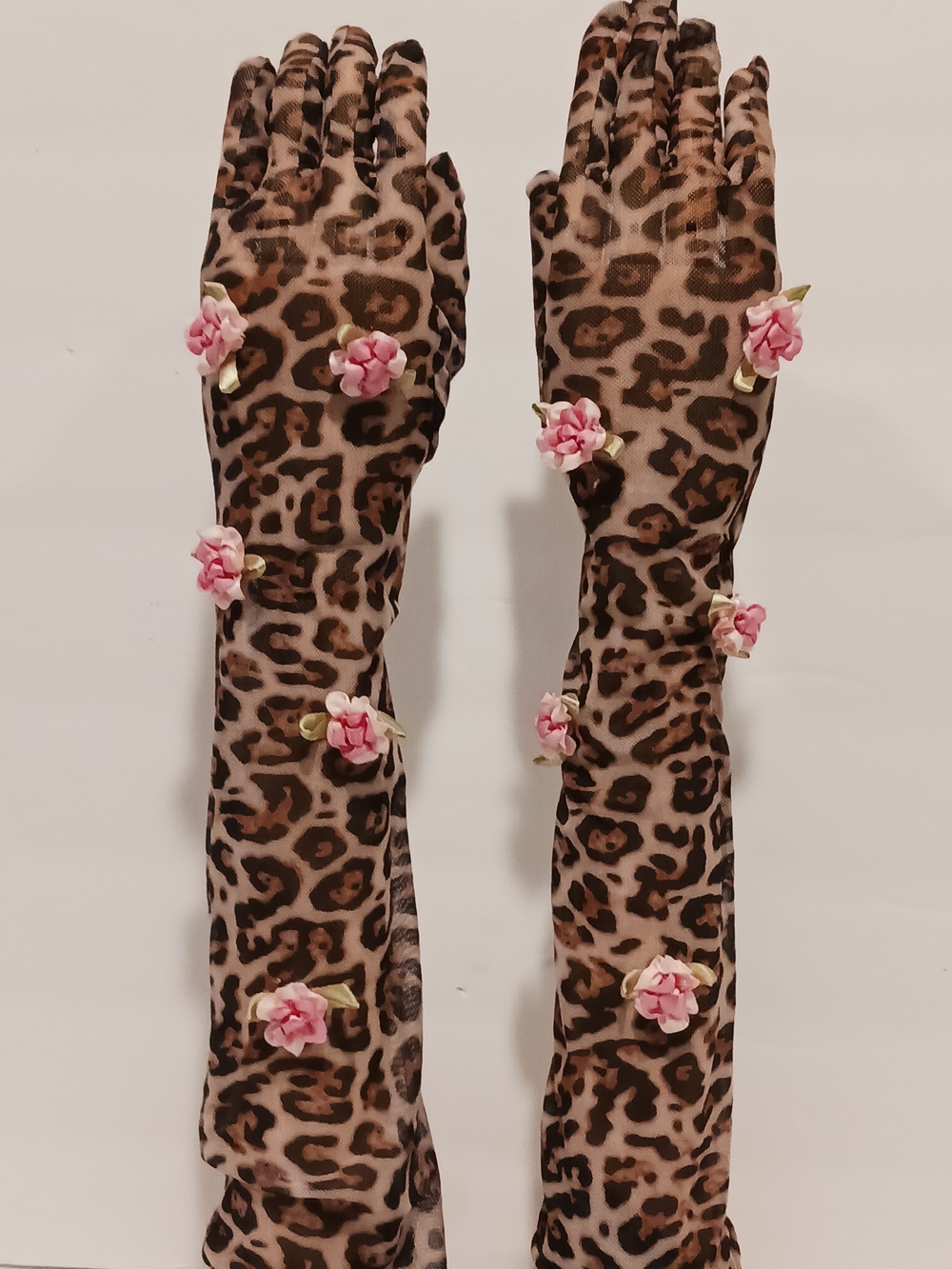 Leopard Print Long Mesh Gloves with Pink Flower Appliqués